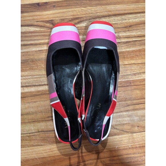 kate spade Shoes - Kate Spade Brown Pink Red/White Striped Fabric square toe sling back Sz 8 1/2 **